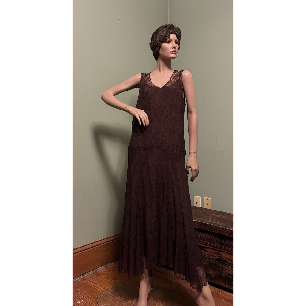 Vintage 1930s Brown Floral Lace Sleeveless Maxi GOWN w/Shawl and Full Silk Slip - Picture 5 of 8